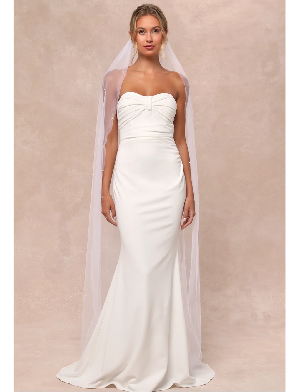 Lulus To Be Yours Ivory Strapless Pleated Mermaid Crepe Knit Maxi Wedding Dress